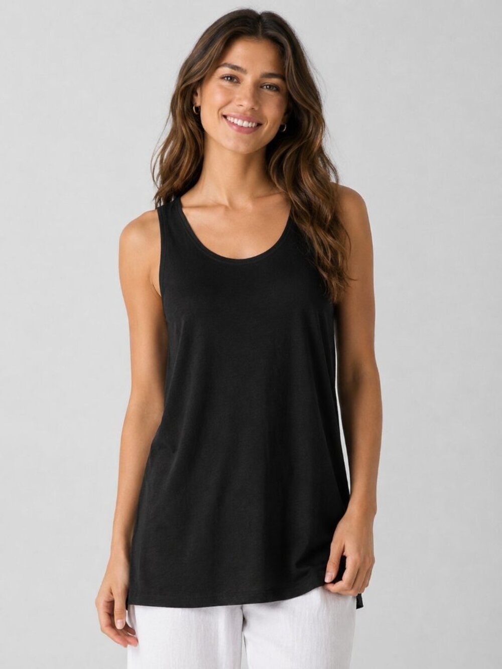 Eileen Fisher size Large Organic Linen Jersey Black Long Tank Top NEW